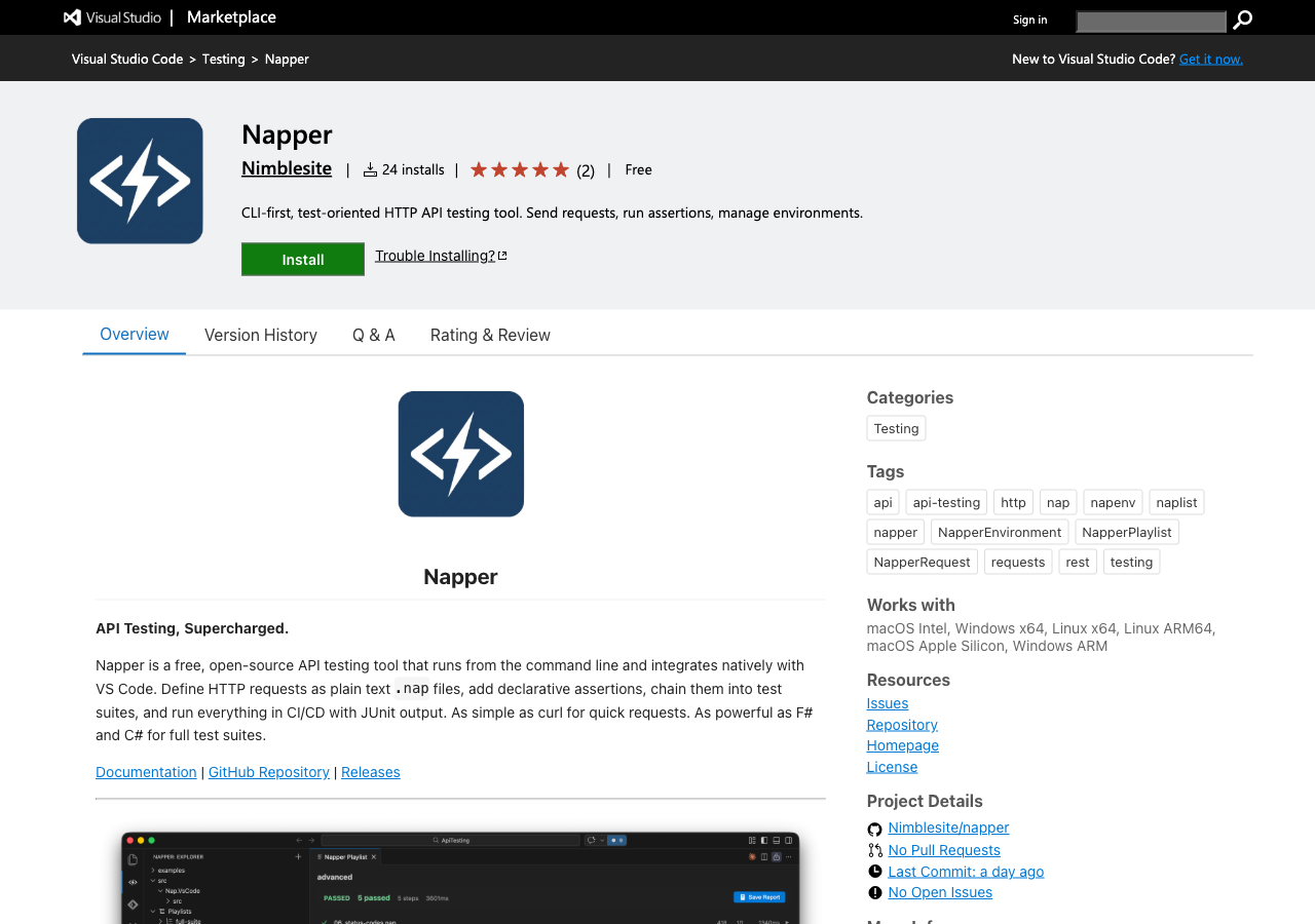 Screenshot: Napper extension listing on the VS Code Marketplace, showing install button, ratings, and feature highlights