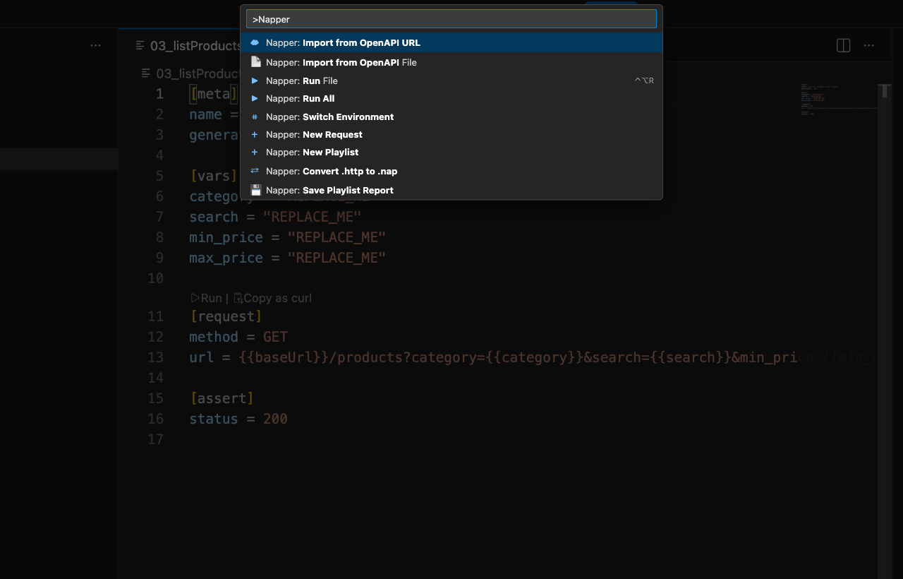 Screenshot: VS Code Command Palette showing the Napper Import OpenAPI commands — Import from URL and Import from File