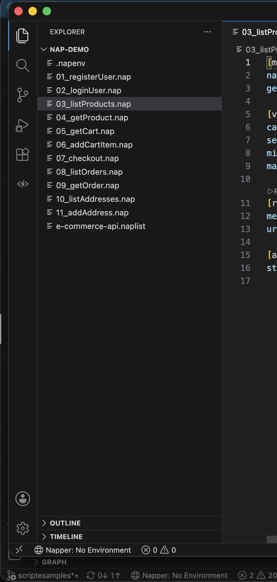 Screenshot: VS Code Explorer panel showing the generated structure — one .nap file per endpoint, a .naplist playlist, and a .napenv environment file
