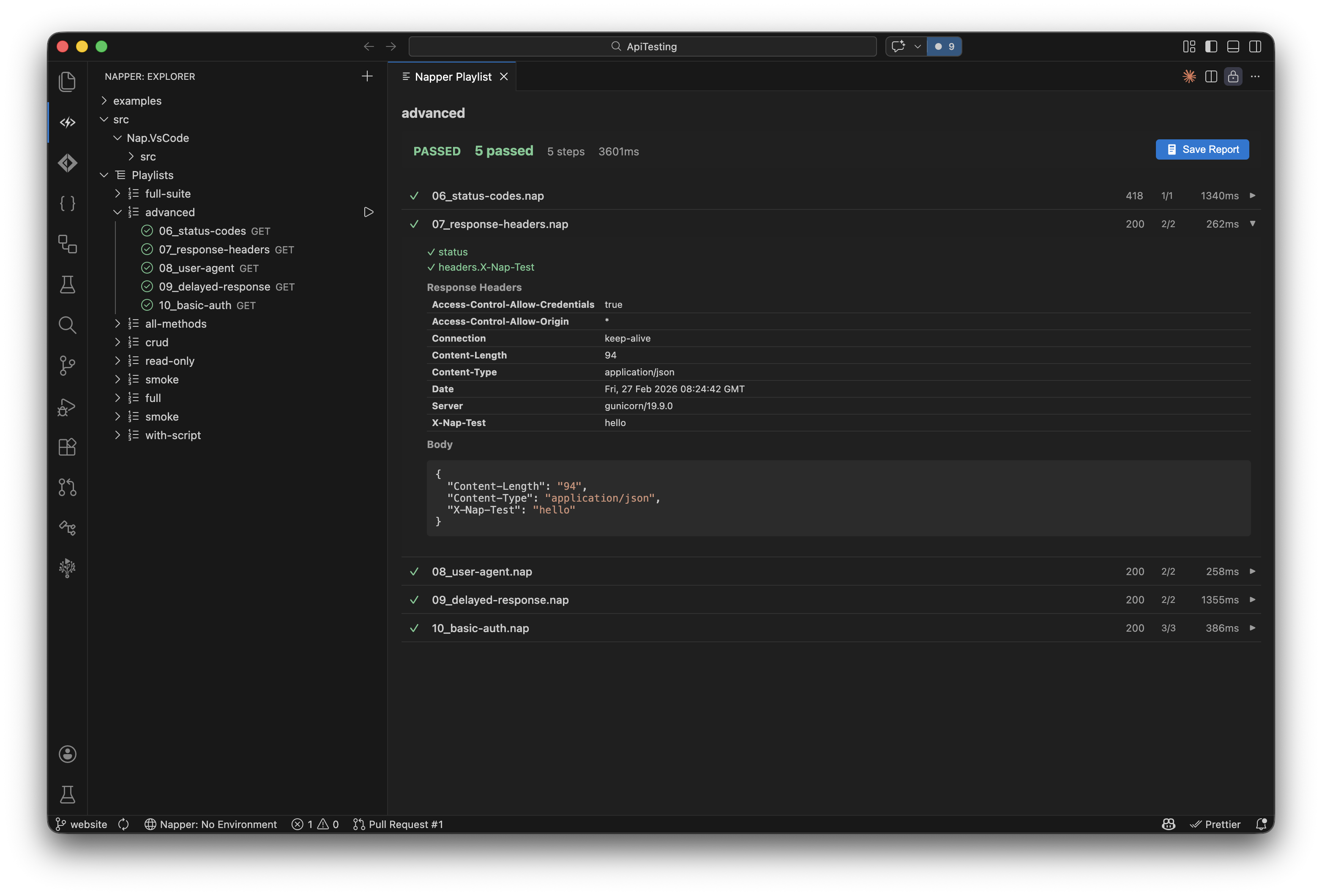 Napper VS Code extension running a playlist with test results, response headers, and body inspection